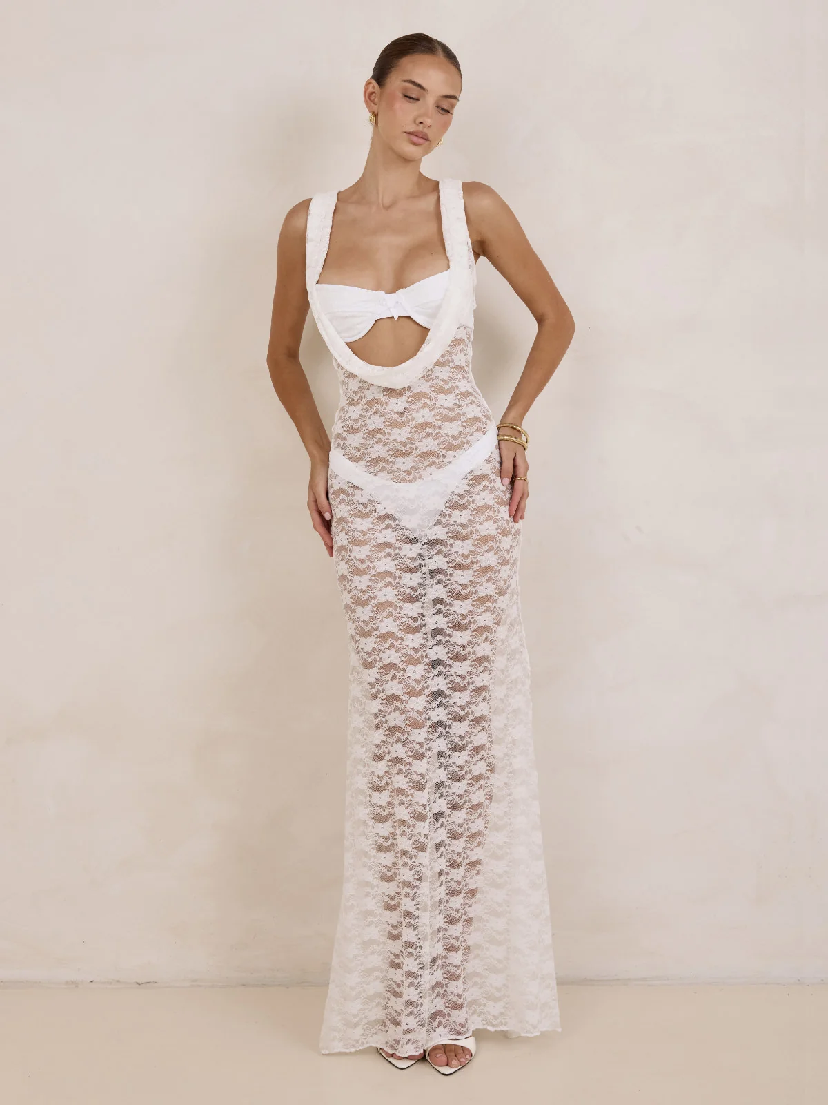 Orelia Long Lace Dress - White - Image 8